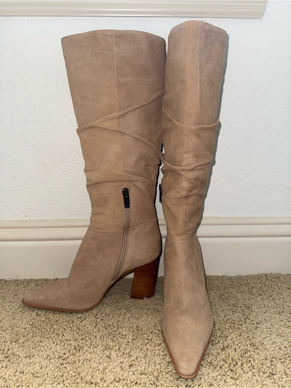 Vince Camuto Derika Knee High Pointed-Toe Suede Boots in Beige - Picture 2 of 8